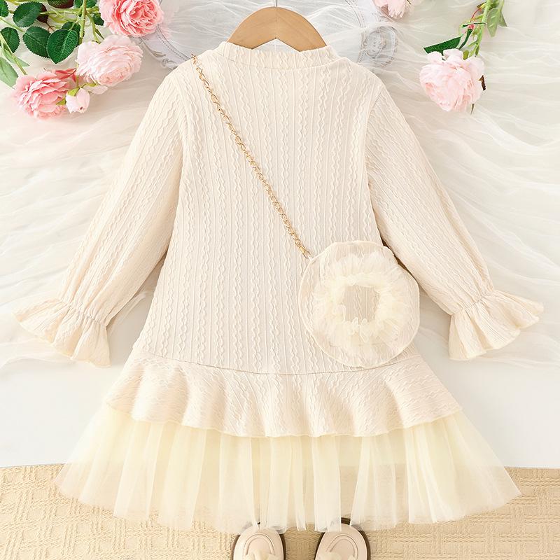 Autumn Knitted Lace Patchwork Dress for Baby Girls - Beige, Long Sleeve, Round Neck