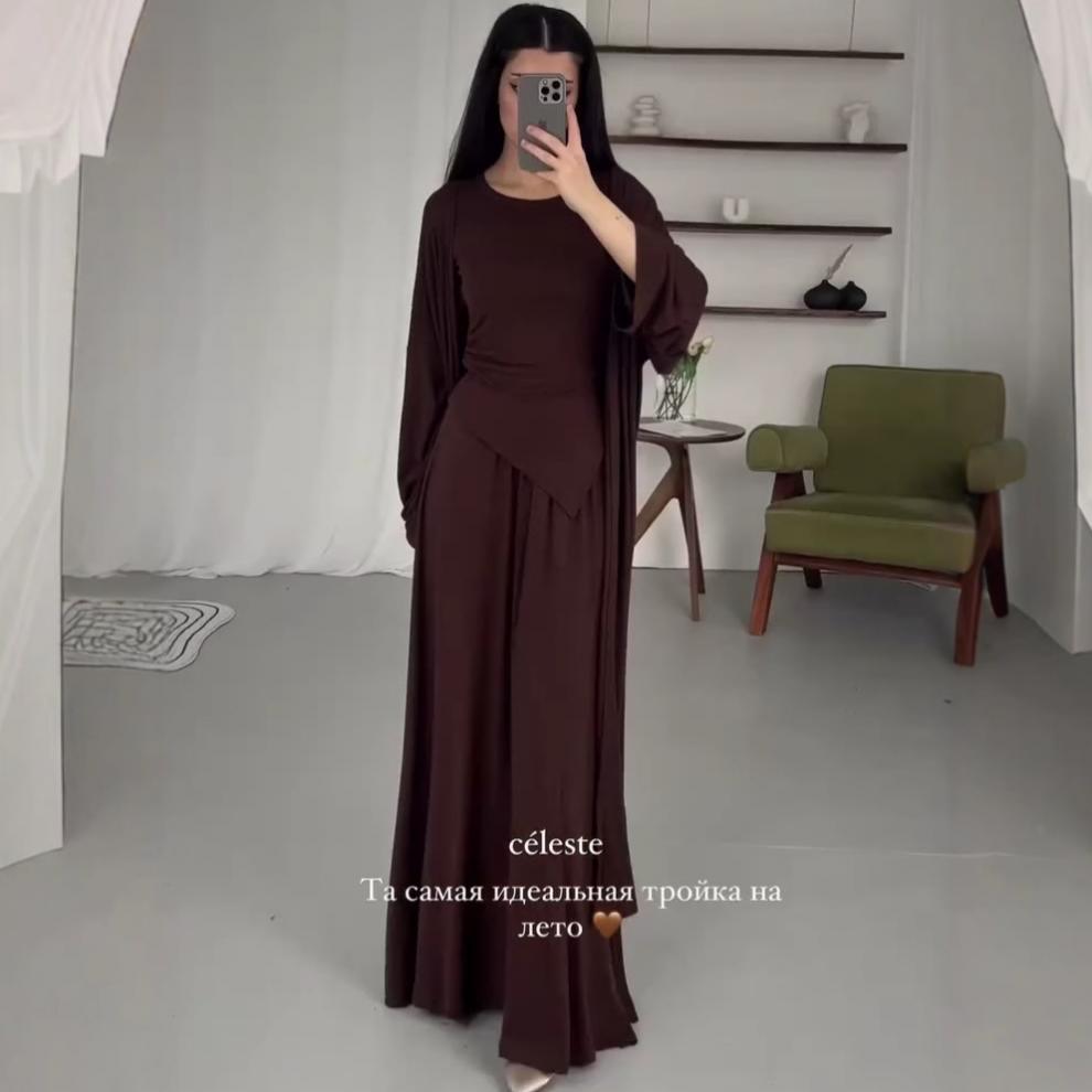 2025 Autumn Versatile Headscarf, Short Sleeve, Midi Skirt Three-piece Set