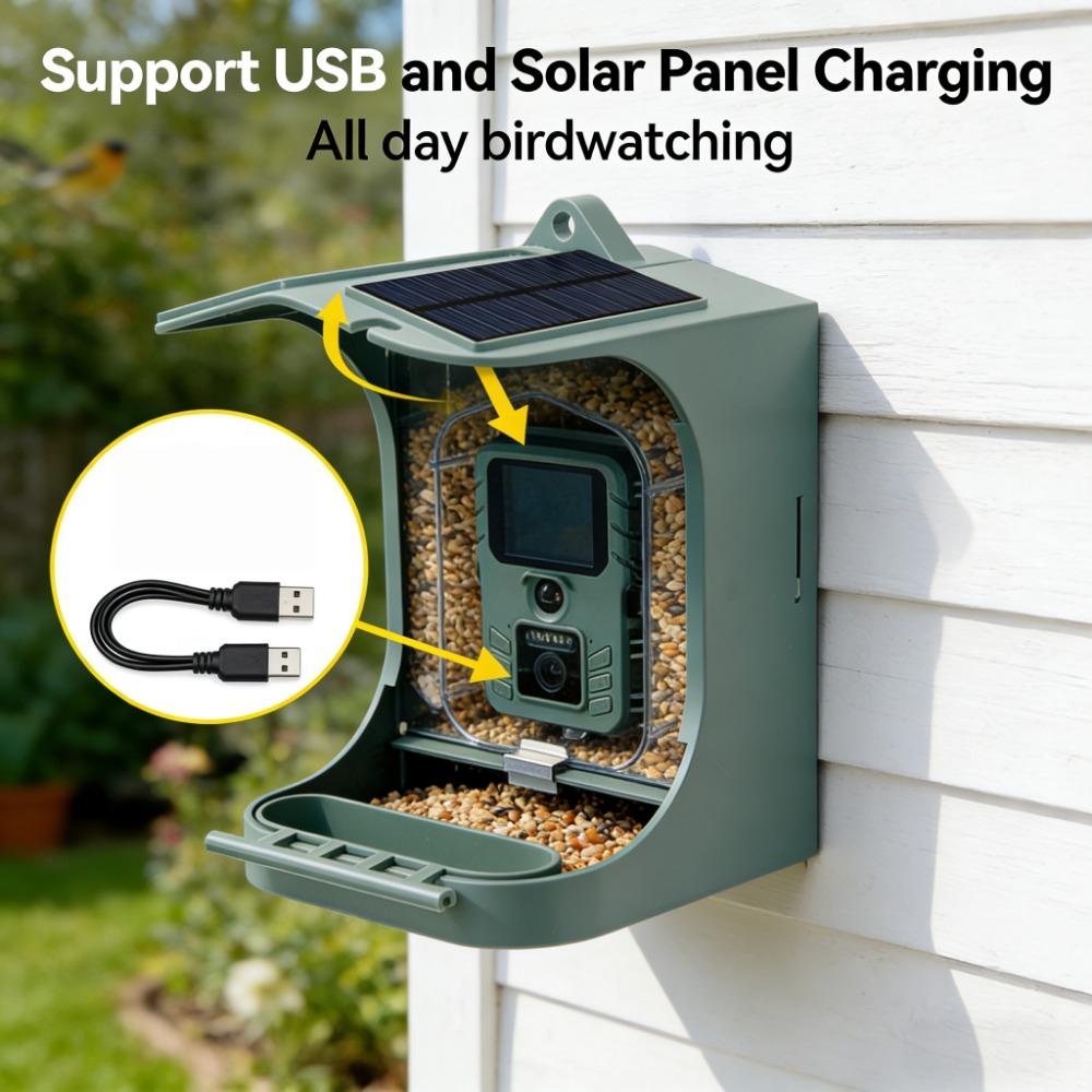 Smart Feeder with Camera Solar Powered, 2K HD Video 24MP Photo Night Vision, Dual Food Troughs for Hummingbirds & Wild Bird