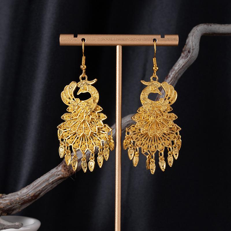 Imitation Miao Silver Minority Totem Phoenix Bell Earrings Jingtai Blue Peacock Earrings Scenic Earrings Earrings