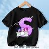 Kids Short Sleeve Clothing Gift KPop Demon Hunters T-shirt for Children Cartoon A-Z Letters Tee Top Black Round Collar Clothes