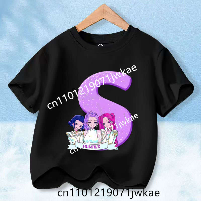

Детская одежда с коротким рукавом в подарок K-pop Футболка «Охотники на демонов» для детей Мультяшная футболка с буквами от A до Z Топ Черная одежда с круглым вырезом 130