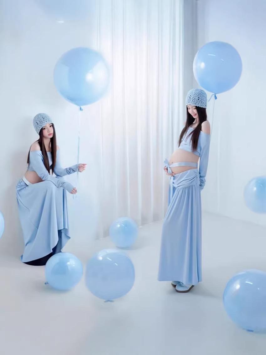 Chinese-Inspired Blue Maternity Dress for Elegant Photo Shoots One Size