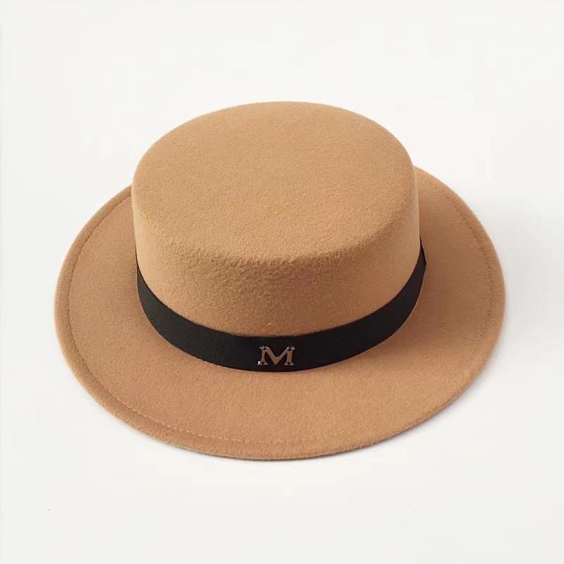 M Letter Fashion Flat Top Men's and Women's Leisure Travel Hat Tide Autumn and Winter Dome Retro British Woolen Top Hat