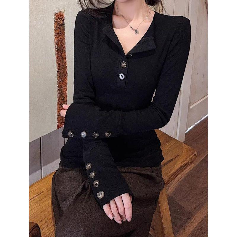 Women's Korean Style Henry Collar Button Long Sleeve Slim Fit T-shirt - Autumn/Winter Waist Cinched Sweet Spicy Girl Top