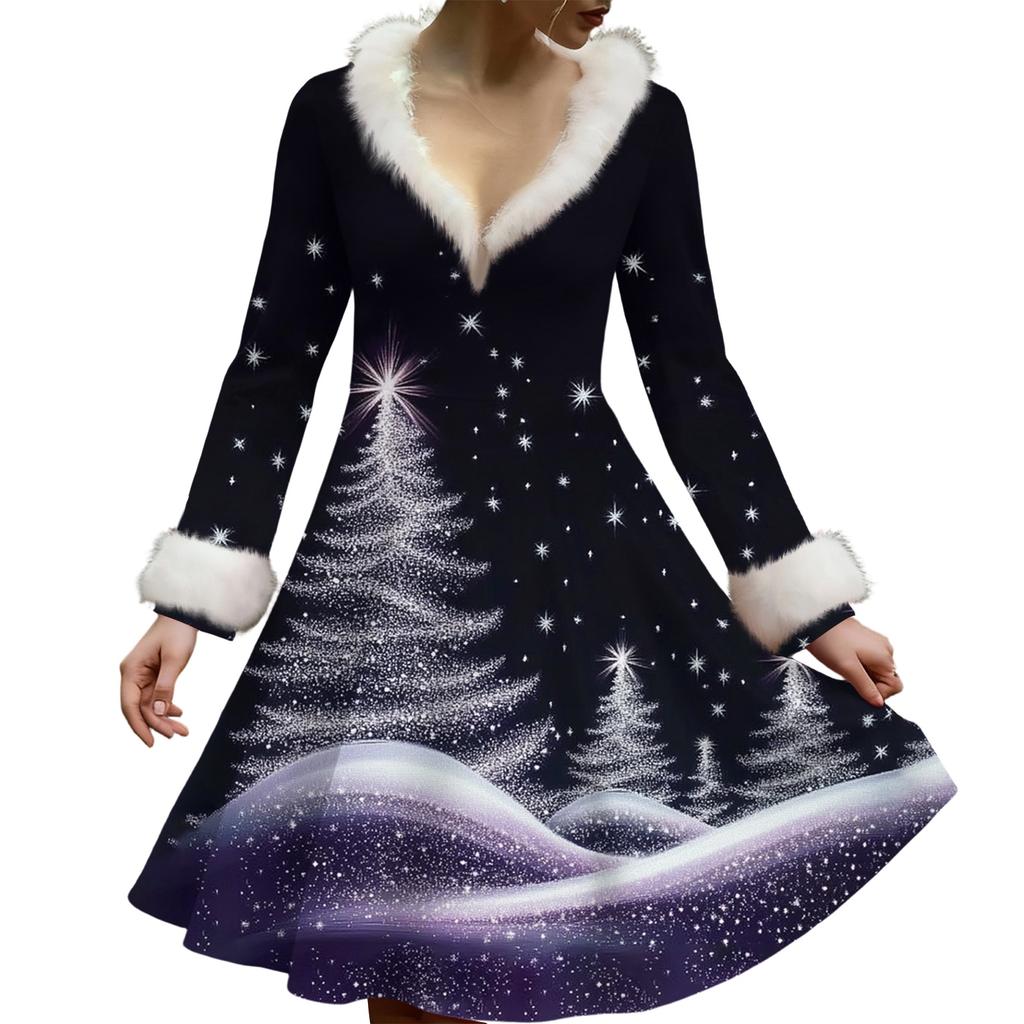Damska codzienna sukienka z dekoltem w serek, z pluszowym nadrukiem świątecznym i długim rękawem