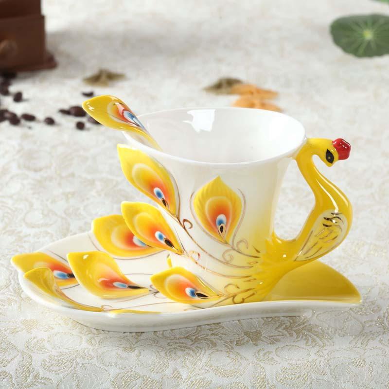 Fashion Enamel Porcelain Creative Peacock Coffee Cup