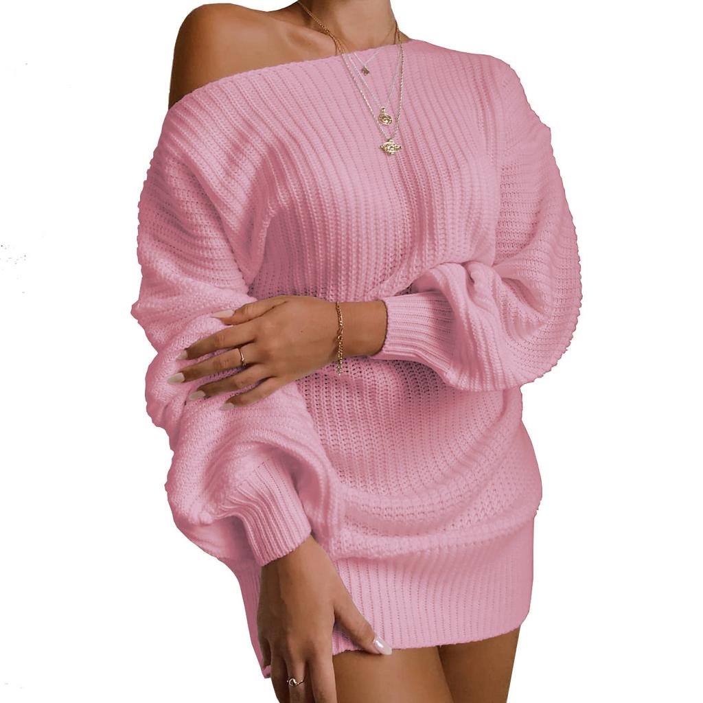 Lässiges Europäisches Off-Shoulder Strickkleid mit Laternenärmeln