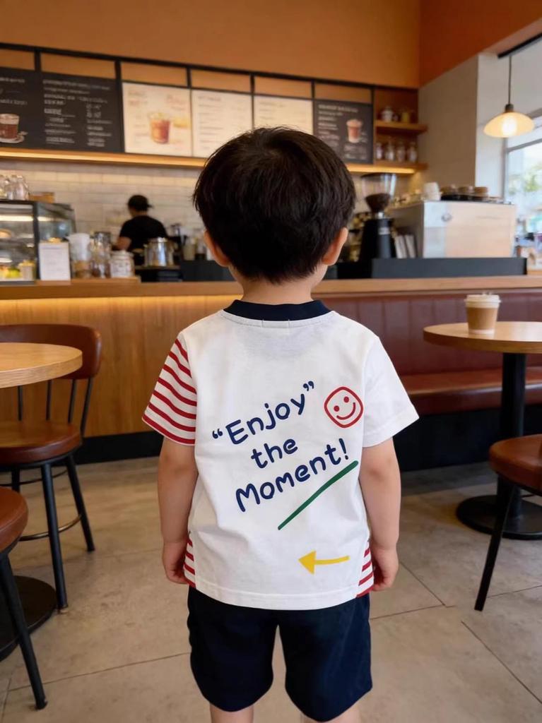 Boys' Short Sleeve Cartoon Stripe T-shirt - 2026 Summer Cool Patchwork Design