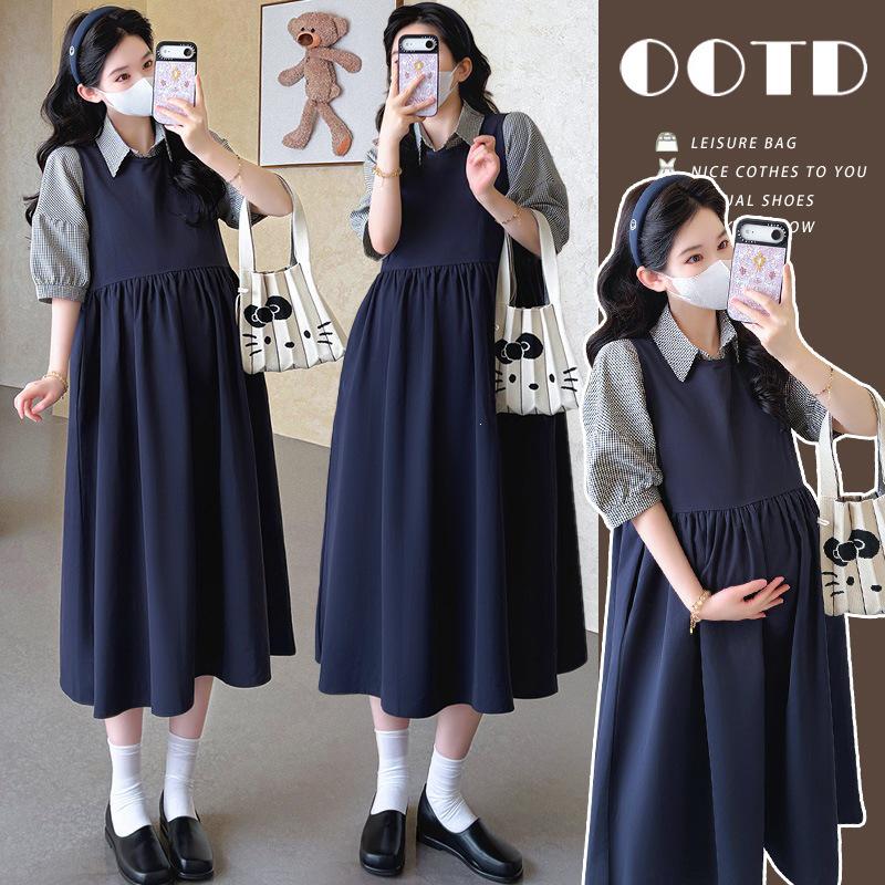 Summer 2026 Maternity Plaid Short-Sleeve Shirt & Suspender Skirt Set 2XL