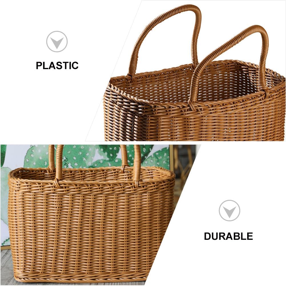 Alipis Decorative Woven Basket with Handle, Brown Plastic Rattan Flower Arrangement Basket for Storage, Picnic, Home Decor, Fruits, Vegetables,