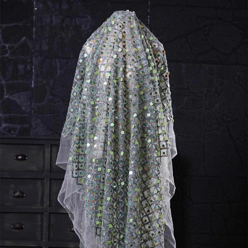 50x135cm Paljettgradient Broderad Jacquard Nät Tyg för Kläder Bakgrund Dekorativ Tyg Designer DIY Sömnadsmaterial