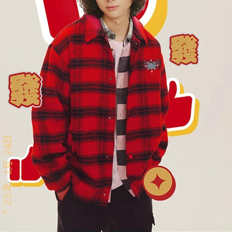 LiNing Plaid Pocket Button Lapel Loose Long Sleeve Shirt Men Tops Red ASHT001-1