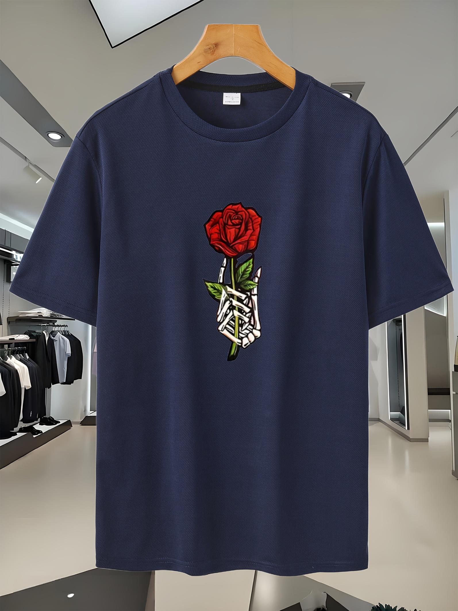 

2025 New Sport Fitness Graphic T-shirt - Black Short Sleeve Casual Tee with Skeleton Hands & Red Rose Print XL