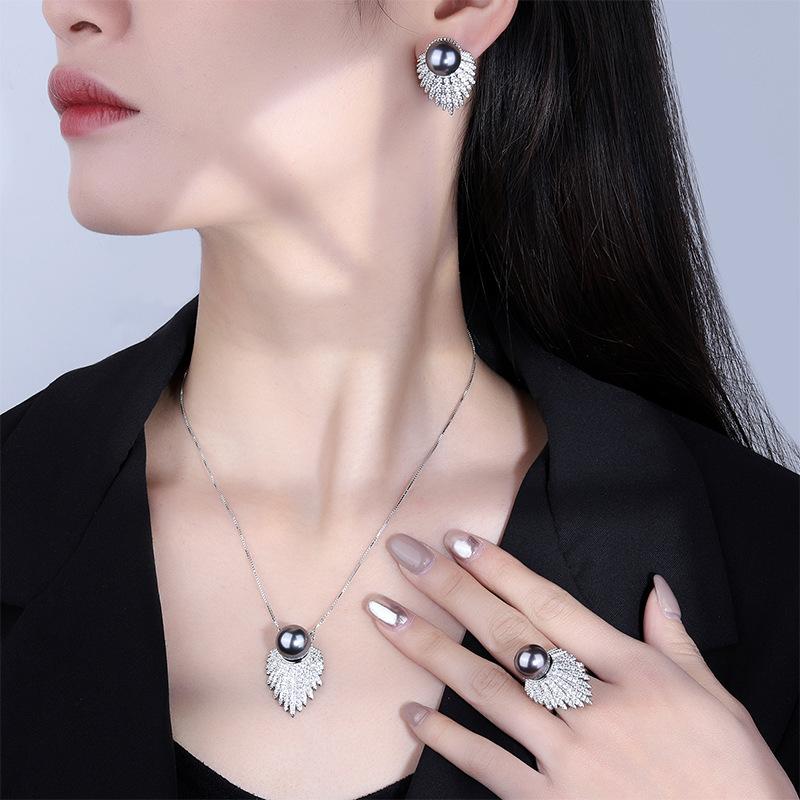Huabi Jewelry Copper Bottom Gold-Plated Inlaid Fritillary Pearl Grey Pearl Set 12Mm