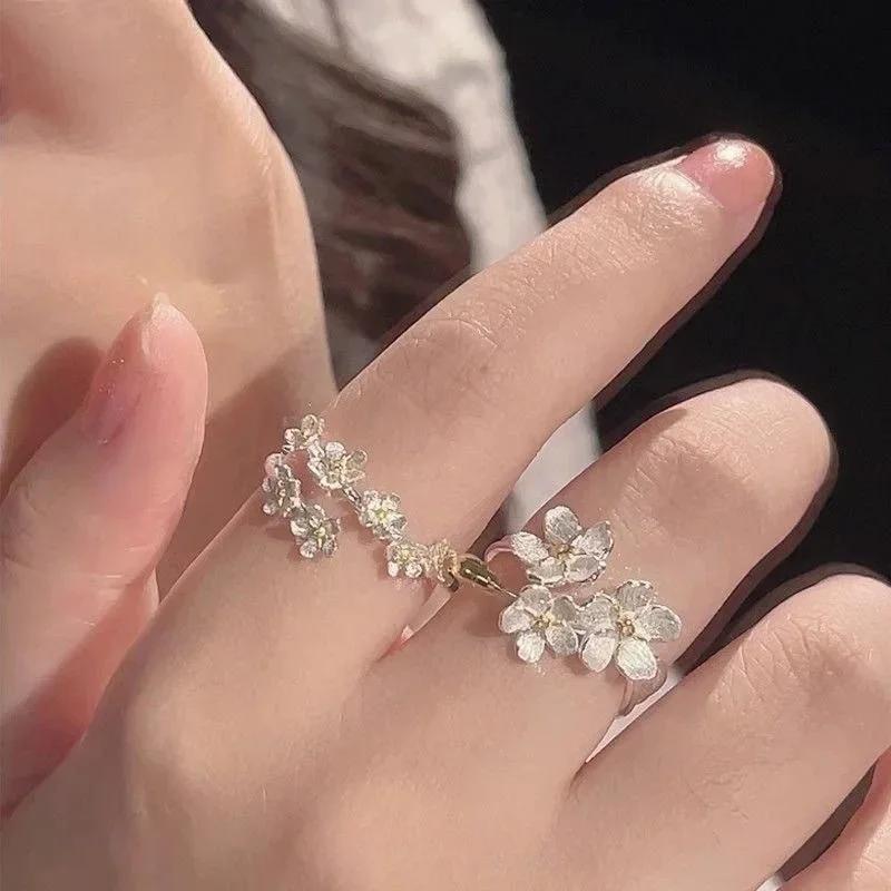 Unique Delicate Flower Opening Adjustable Ring Set for Women Korean Silver Color Minimalist Finger Rings Engagement Jewelry Gift