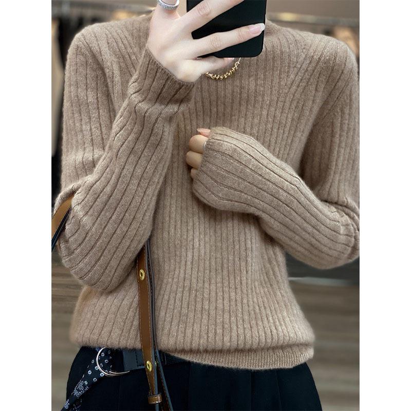 100% Cashmere Pure Wool Slimming Round Neck Knit Sweater - Women's Ribbed Slim Fit for Autumn/Winter