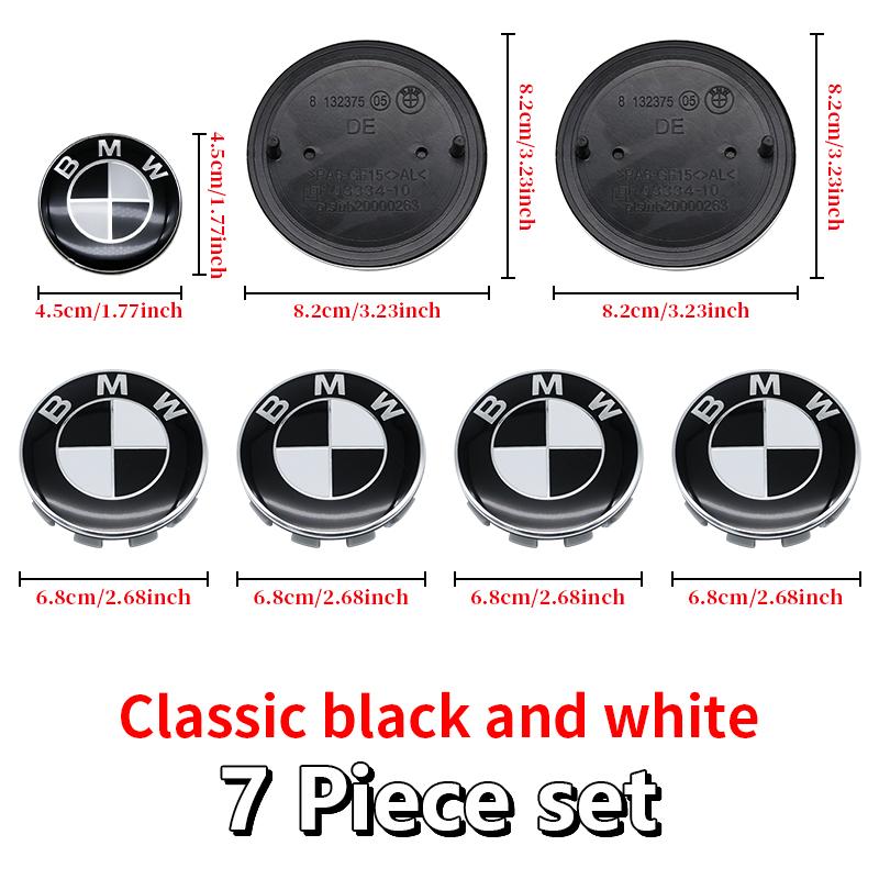Universal Base Black White Badge Set for BMW 7Pcs 68mm 56mm 82mm 74mm Hood Trunk Wheel Steering Logo 7Pcs 2-Pin 3-Pin Clips Kit