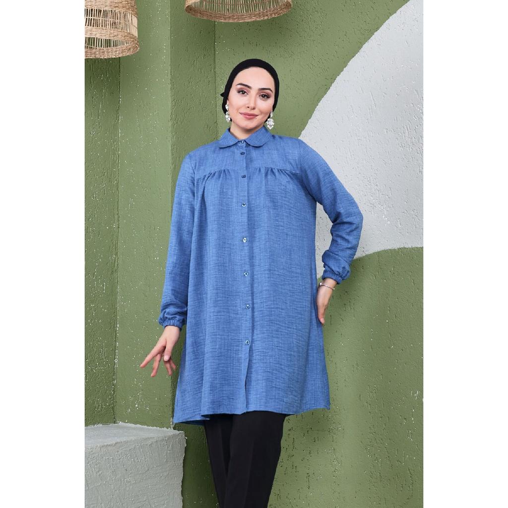 Women's Imported Linen Tunic Shirt With Gathered Front And Elastic Sleeves