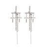 Silver Needle Diamond Cross Tassel Earrings: Chic & Elegant Long Statement Ear Pieces for Women