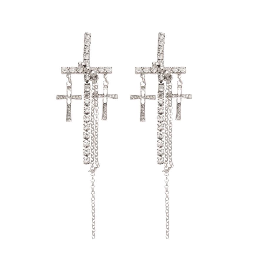 Silver Needle Diamond Cross Tassel Earrings: Chic & Elegant Long Statement Ear Pieces for Women
