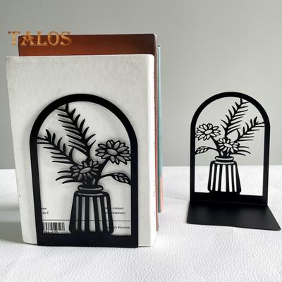 2Pcs Bookshelf Book Ends Hollow Flower Carved Pattern Vase Bookends L-Shaped Design Anti-Slip Book Holder
