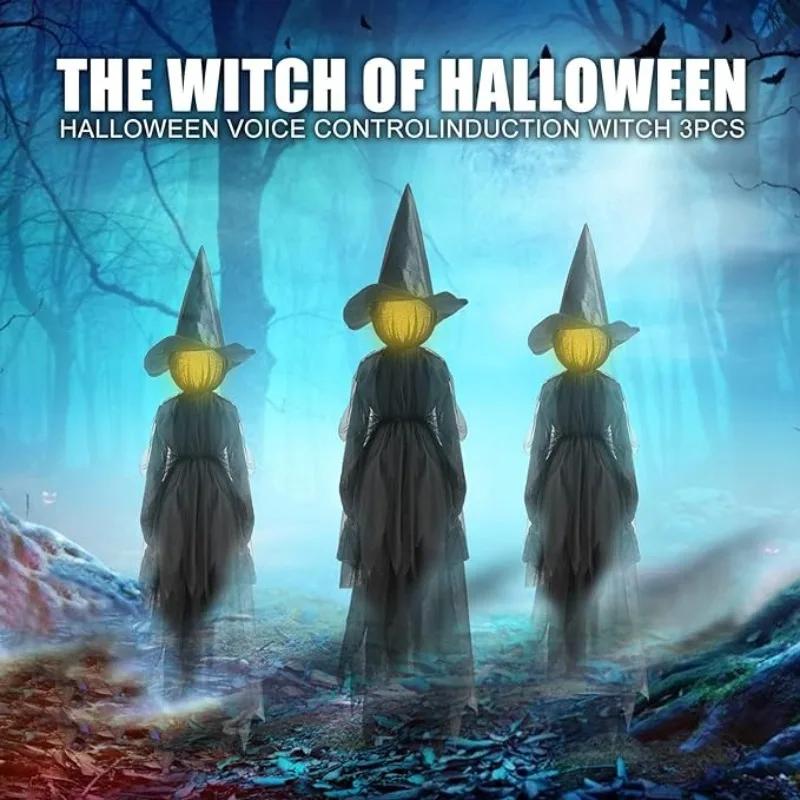 3PCS Halloween Colourful Glow Three Hand-Holding Witches Sound-activated Hand-holding Witch Halloween Light Up Decoration Props