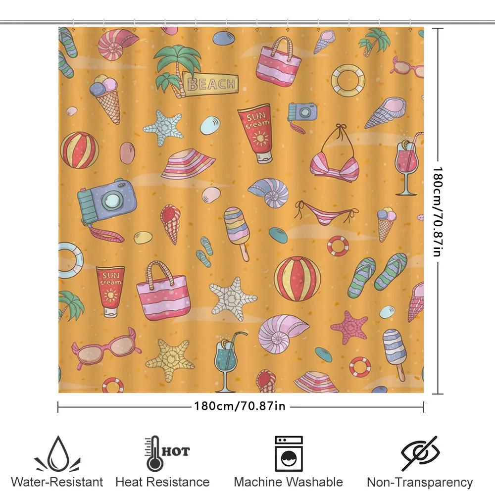 Summer Beach Shower Curtain with Colorful Accessories for Bathroom Decor Sunny Orange Print