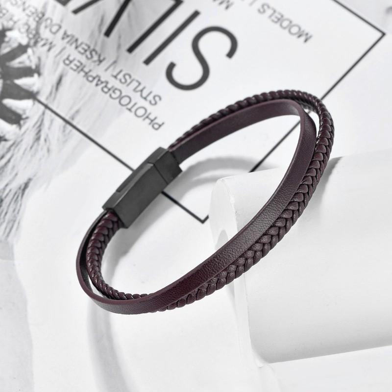Minimalist Leather Cord Bracelet Men Stainless Steel Geometric Bangle Couple Jewelry Gift