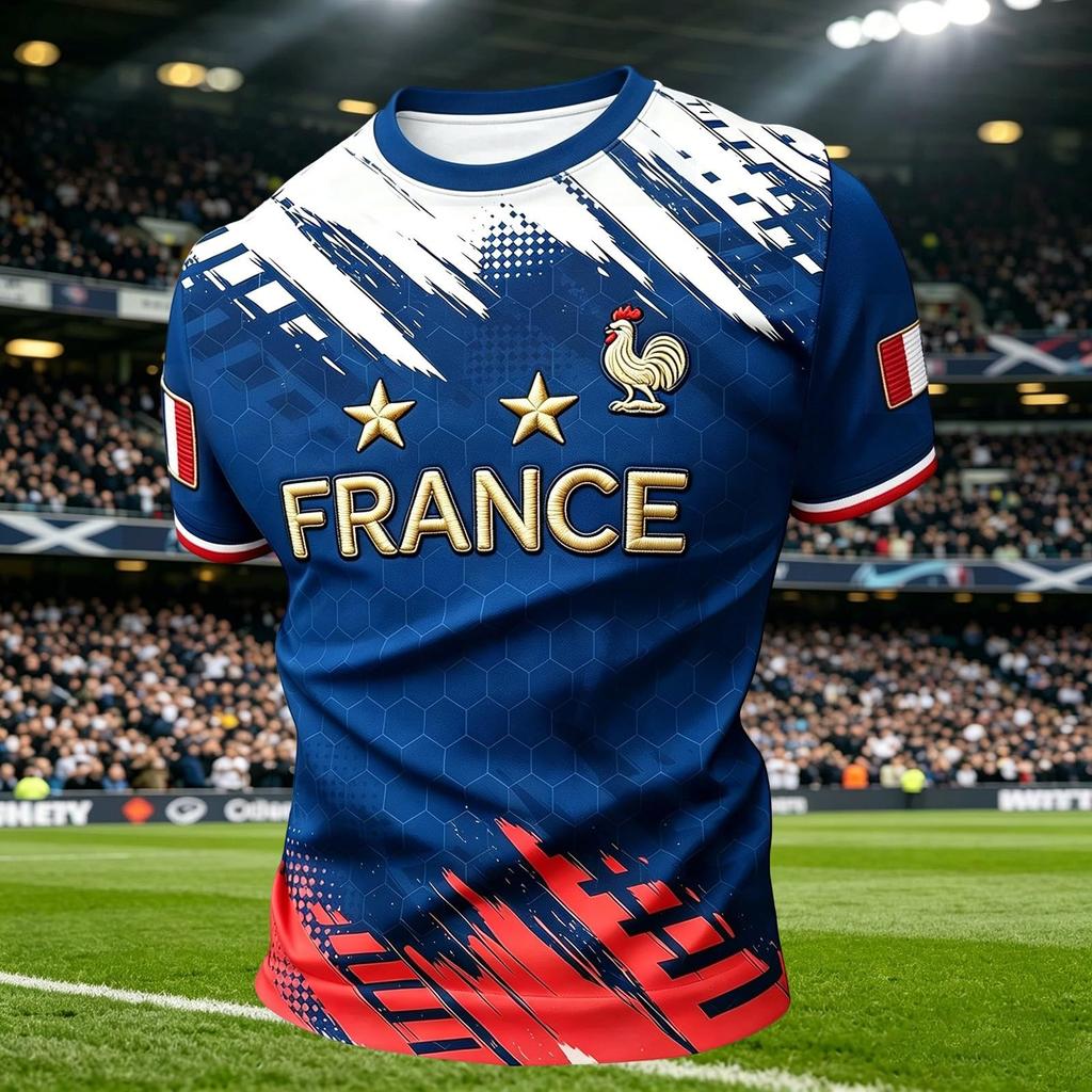 Men's Casual Crew Neck Short Sleeve Pullover T-Shirt Football Fan Jersey World Cup Supporter Top France Design