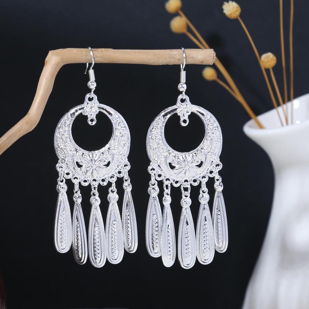 Vintage Ethnic Miao Silver Alloy Teardrop Tassel Earrings