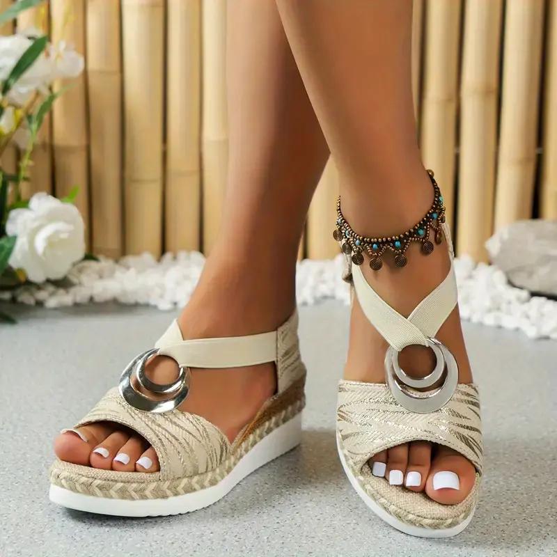 Women's Solid Color Wedge Sandals Buckle Design Platform Ankle Strap Casual Shoes Versatile Summer Walking Shoes
