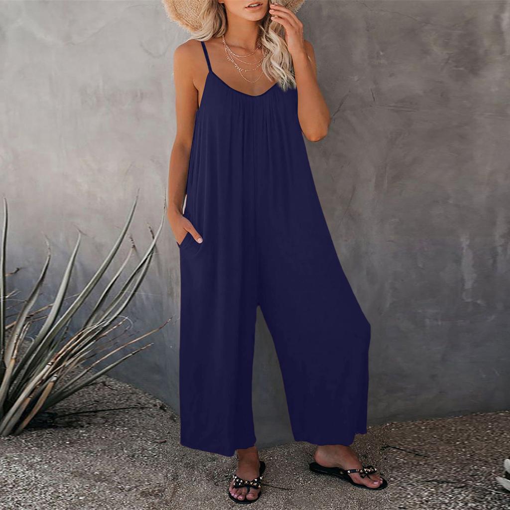 Women's Color Overalls Sleeveless Vest Pocket Casual Jumpsuit
