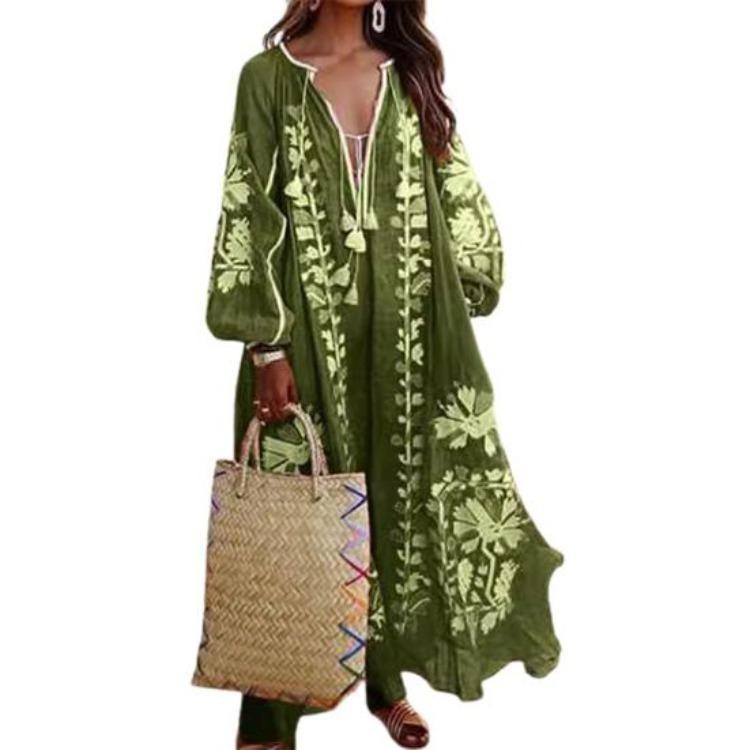 Women Summer Bohemian Floral Print Maxi Dress Deep V Neck Long Sleeve Oversized A Line Flowy Hem Retro Beach Vacation Tassel Dress