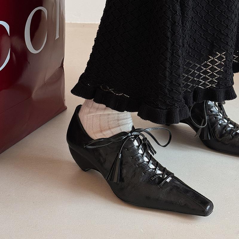 

Мода 2025 Новые весенне-осенние туфли-лодочки на шнуровке из натуральной кожи Ретро Женские с квадратным носком на высоком каблуке Повседневные туфли Обувь для ежедневной ходьбы для молодых леди 34 чёрный