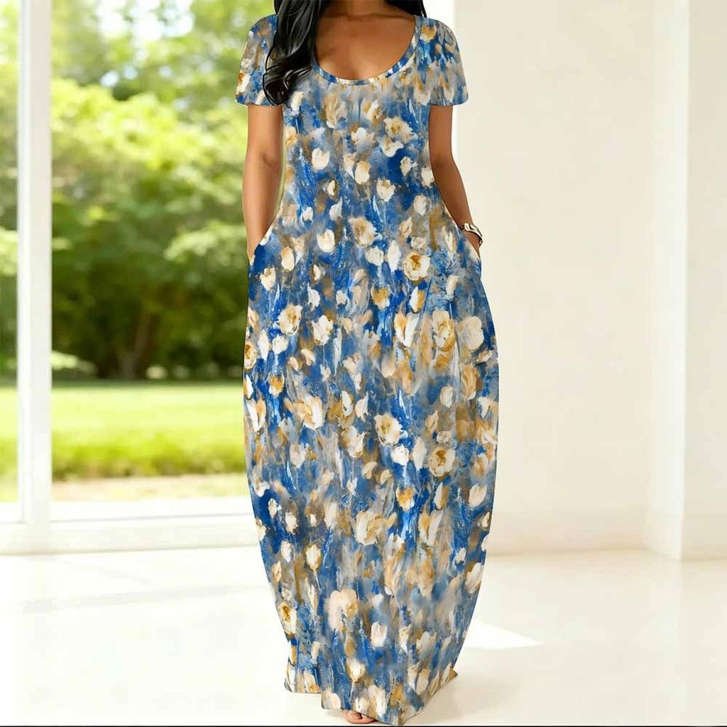Plus Size Women Summer Dress Crew Neck Short Sleeve Loose Fit Apparel For Casual Home And Outdoor Walking