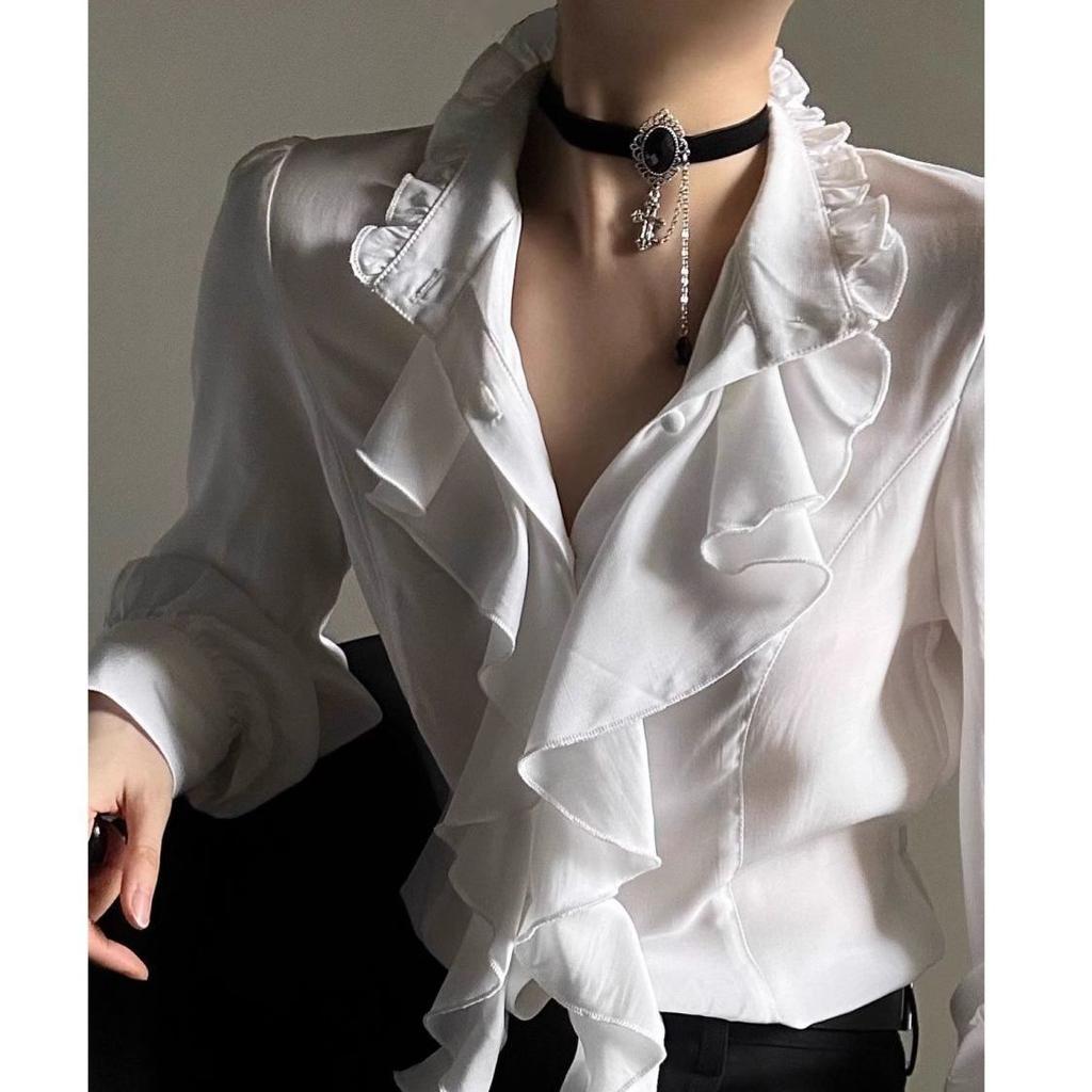 Deeptown Camicette Eleganti Vintage da Donna con Volant Nere Y2k Vittoriane Gotica Manica Lunga Collo Alto Camicie Larghe Preppy Senza Accessori