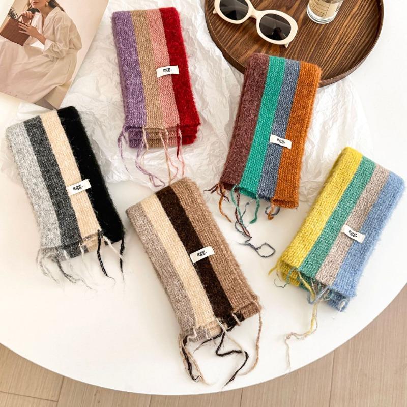 Knitted scarf winter new rainbow stripes dopamine contrasting color warm wool scarf thin and narrow fringed scarf