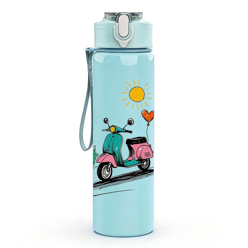 1PC Retro Scooter Rider Pattern 750ml Color Plastic Sports Water Bottle Leakproof Flip Straw Lid Suitable for Sports Office Home Use