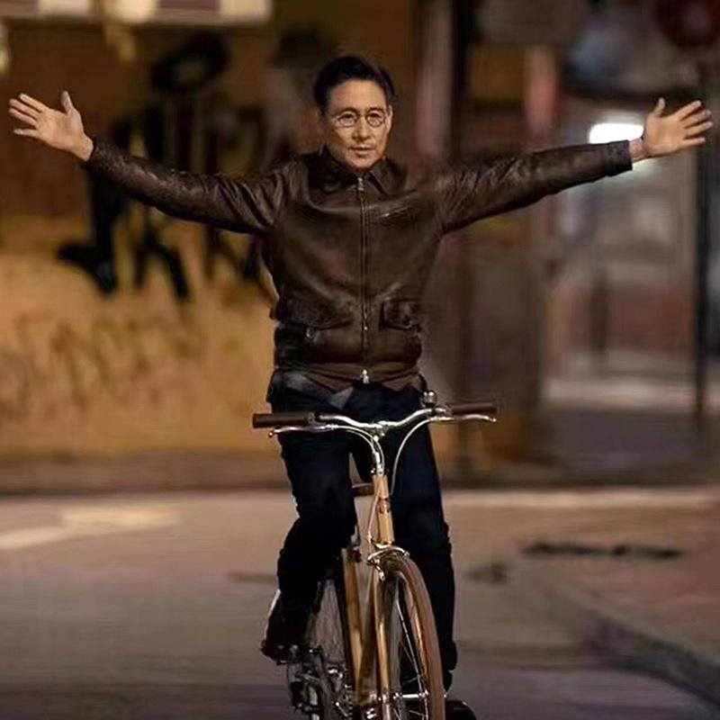 Jacky Cheung Men's Waxed Goatskin Leather Jacket with Lapel