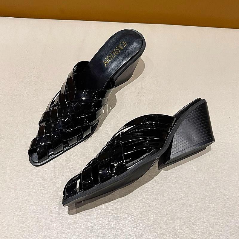 

Сумка из лакированной кожи, голова, толстый каблук, средний каблук, остроносые полушлепанцы, летняя обувь, туфли на высоком каблуке, сандалии-мюли, женская обувь, платформа 40 чёрный