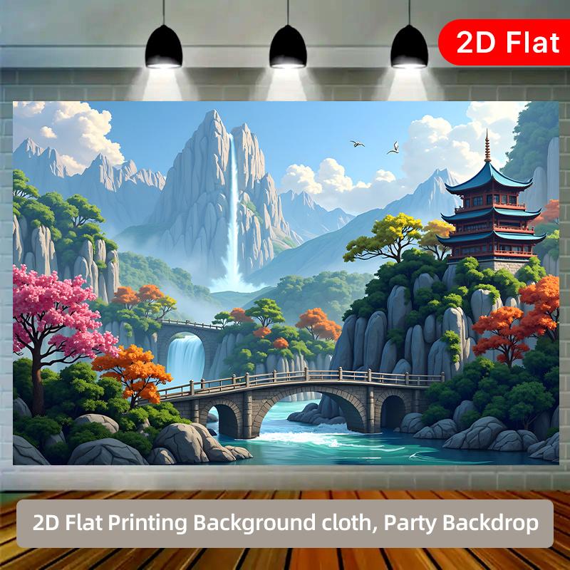 2D Planar Bridge Waterfall Ancient Tower Landscape Background Fabric Suitable for Room Decoration Polyester Fiber