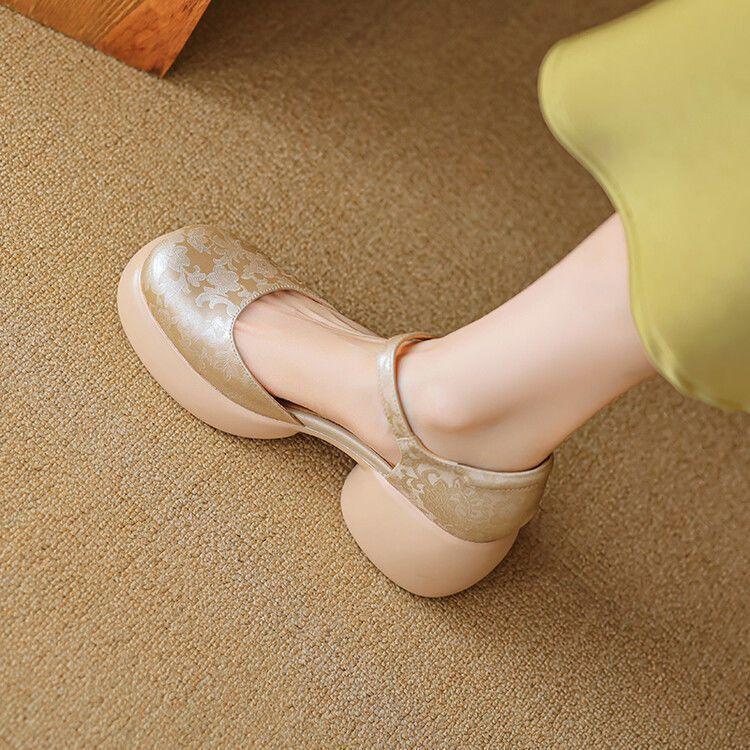 Thick-soled Bag Head Sandals Women's Leather Muffin One-word Buckle Shoes New Summer High-heeled Hollow Mary Jane Shoes