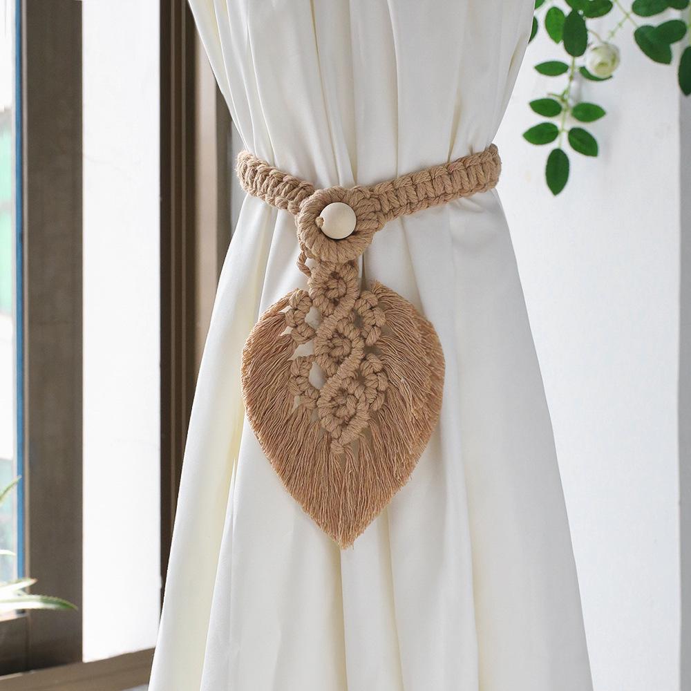 Bohemian Woven Curtain Tiebacks with Tassel, Leaf, and Wood Bead Decor