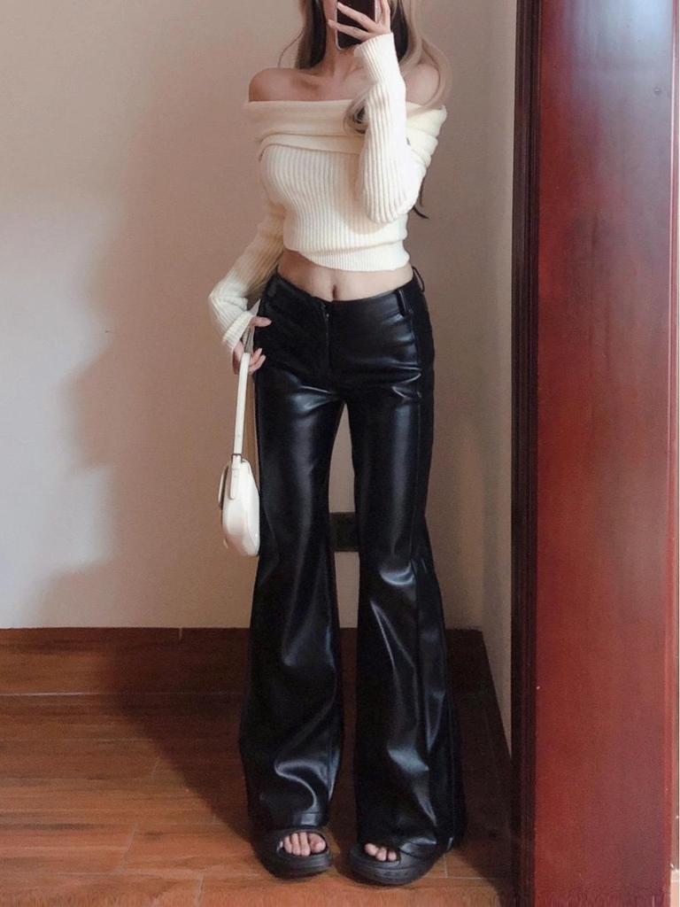 Women's Plus Size High Waist Black PU Leather Flared Pants - Pear-Shaped, Wide Leg, Floor-Length, Autumn Collection