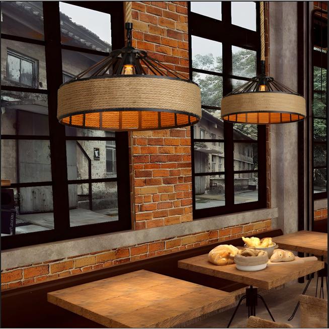 Iron Material Retro Pendant Lights 40CM E27 Base Loft Vintage Office Indoor Home Hemp Rope Industrial Hanging Lamps Chandelier