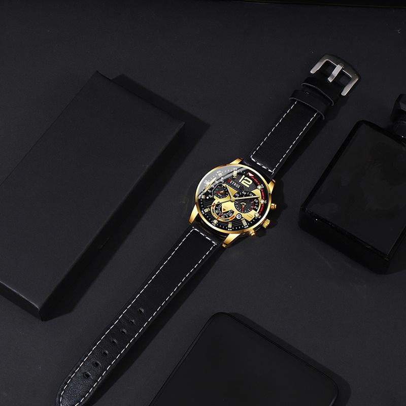 3PCS Set Men  Luxry Classic Watches Leather Watch Band Round Wrist Watch for Male Wristwatch Bracelet Necklace Man Gift