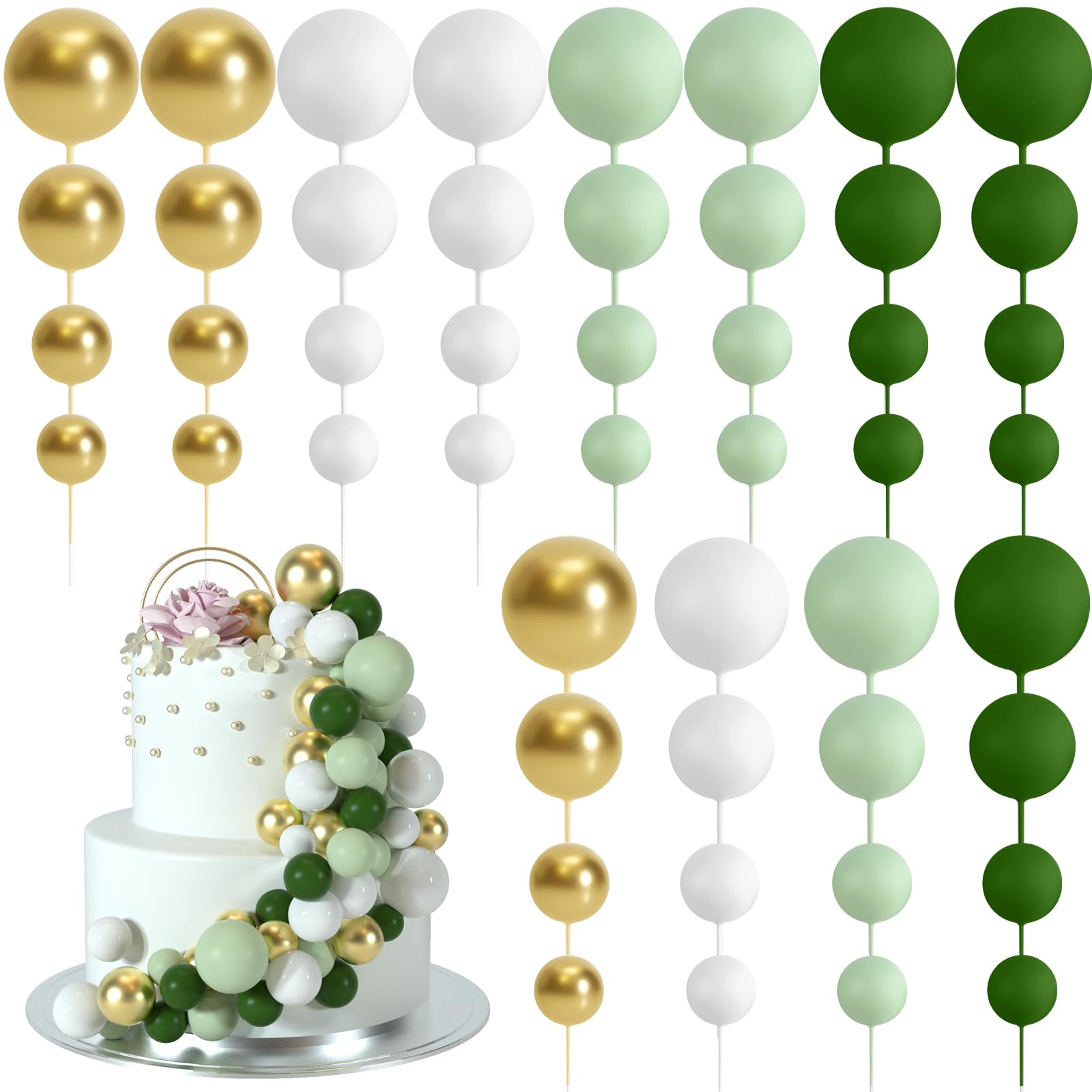 

48pcs Green Cake Decorations Balls Cake Topper for Birthday Party Wedding Cake Decorating (Green, Light Green, White, Gold)