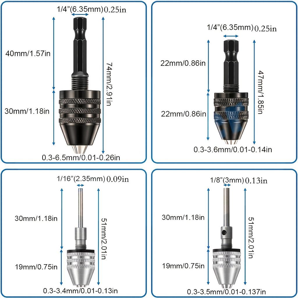 Schlüsselloses Bohrfutter, 1/4, 1/8, 1/16 Zoll Sechskant- und Rundschäfte Kleiner Bohrfutter-Wechseladapter