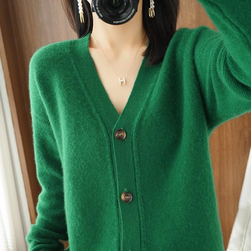 Women's Pure Wool Solid Color Cashmere Cardigan Sweater - V Neck Autumn/Winter Knitwear